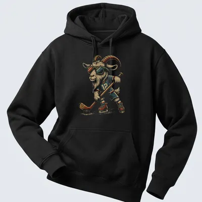 Illustration of a goat hockey player wearing sunglasses in retro colors — printed on a unisex hoodie