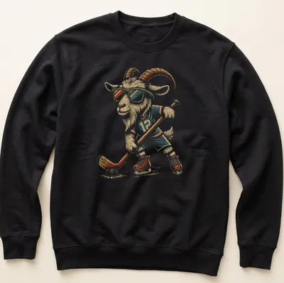 Illustration of a goat hockey player wearing sunglasses in retro colors — printed on a unisex sweatshirt