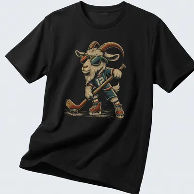 Illustration of a goat hockey player wearing sunglasses in retro colors