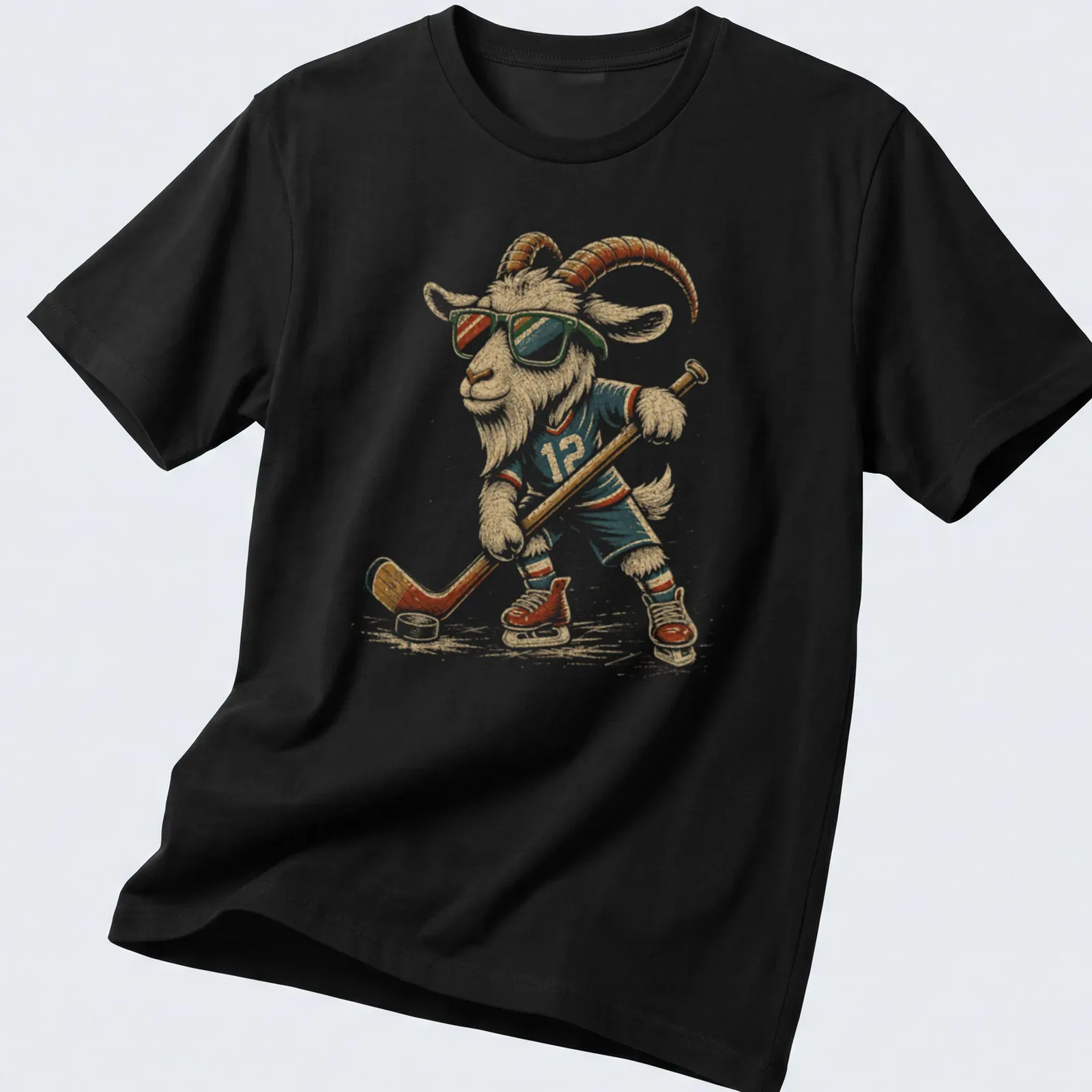 Illustration of a goat hockey player wearing sunglasses in retro colors — printed on a unisex t-shirt