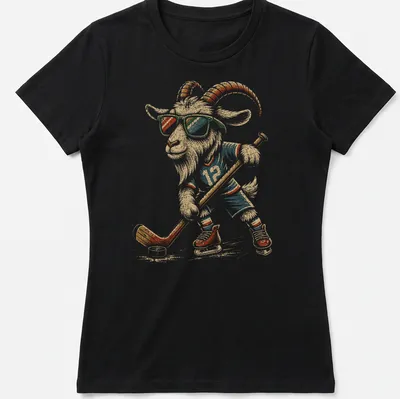 Illustration of a goat hockey player wearing sunglasses in retro colors — printed on a women's shirt