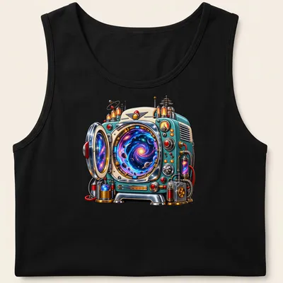 Retro futuristic time machine appliance illustrated in vibrant colors — printed on a tank top