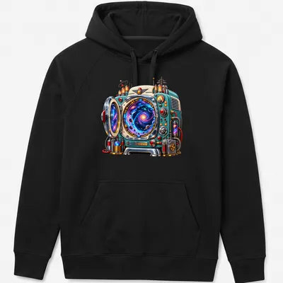 Retro futuristic time machine appliance illustrated in vibrant colors — printed on a unisex hoodie