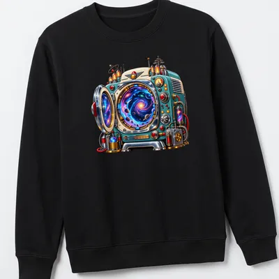 Retro futuristic time machine appliance illustrated in vibrant colors — printed on a unisex sweatshirt