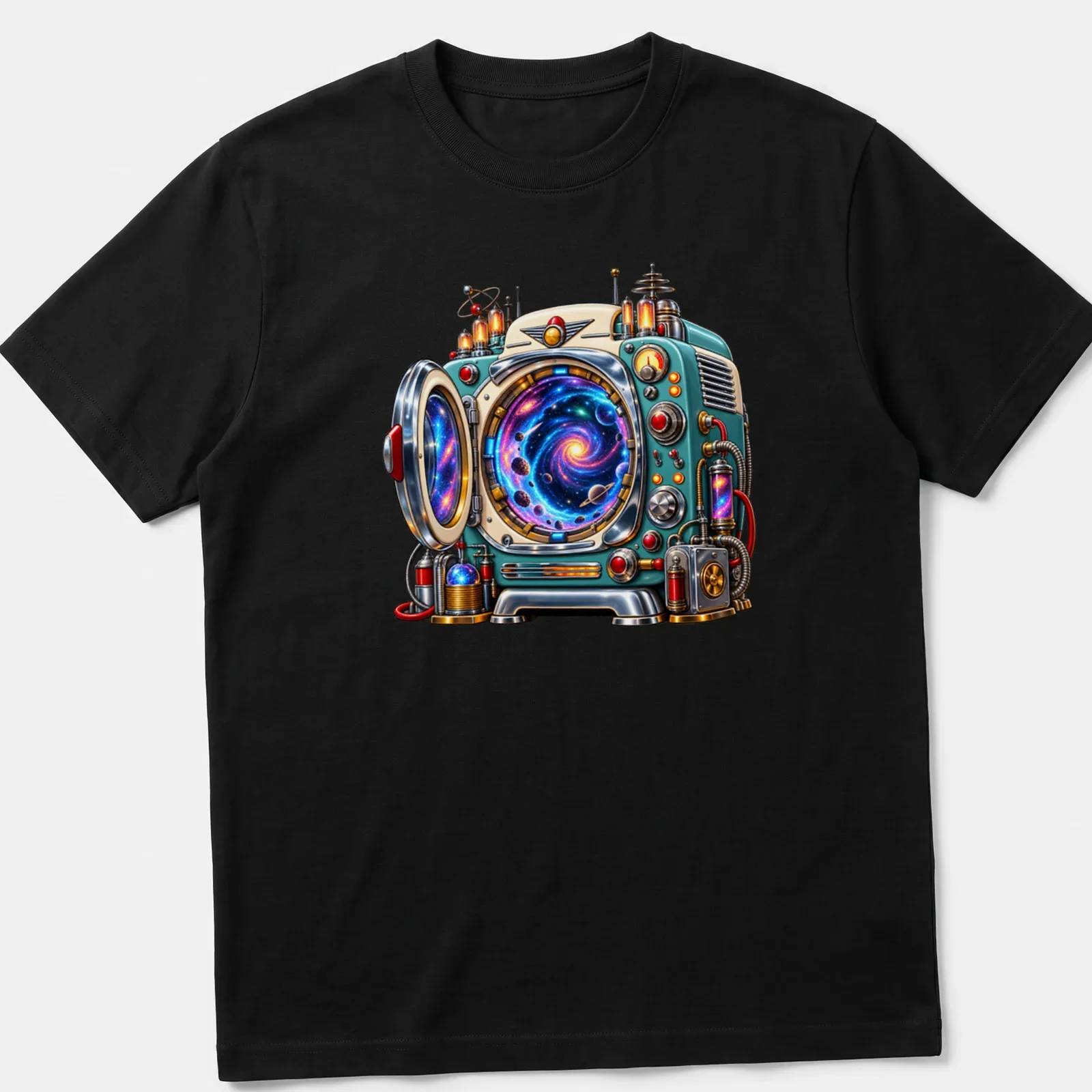 Retro futuristic time machine appliance illustrated in vibrant colors — printed on a unisex t-shirt