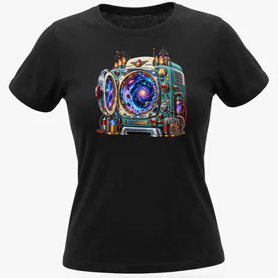 Retro futuristic time machine appliance illustrated in vibrant colors — printed on a women's shirt