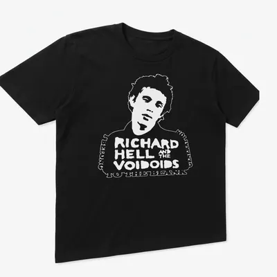 Vintage design featuring Richard Hell and the Voidoids in black and white — printed on a unisex t-shirt (angled view)