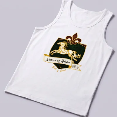 Vintage heraldic Riders of Rohan T-shirt with a white horse and bold text — printed on a tank top