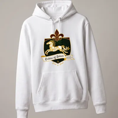 Vintage heraldic Riders of Rohan T-shirt with a white horse and bold text — printed on a unisex hoodie