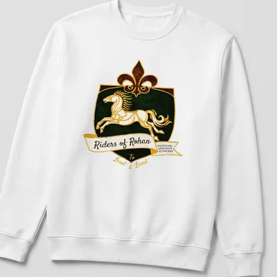 Vintage heraldic Riders of Rohan T-shirt with a white horse and bold text — printed on a unisex sweatshirt