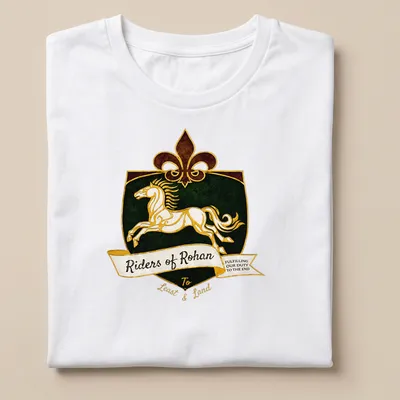 Vintage heraldic Riders of Rohan T-shirt with a white horse and bold text