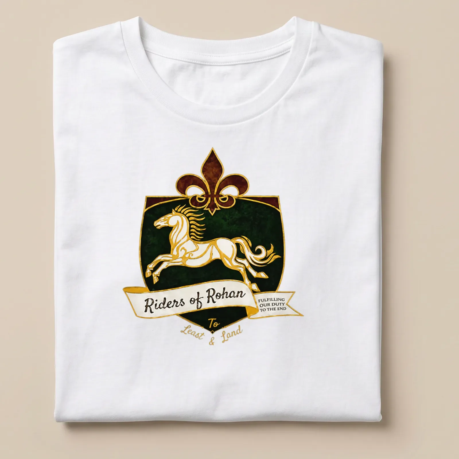 Vintage heraldic Riders of Rohan T-shirt with a white horse and bold text — printed on a unisex t-shirt