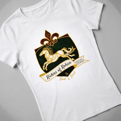 Vintage heraldic Riders of Rohan T-shirt with a white horse and bold text — printed on a women's shirt