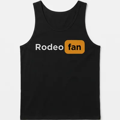 Bold Rodeo Fan T-shirt with black, orange, and white typography. — printed on a tank top