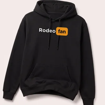 Bold Rodeo Fan T-shirt with black, orange, and white typography. — printed on a unisex hoodie