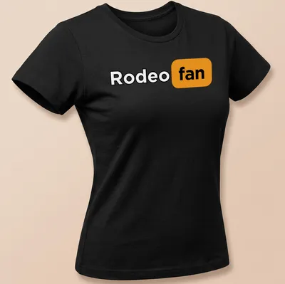 Bold Rodeo Fan T-shirt with black, orange, and white typography. — printed on a women's shirt