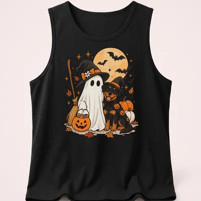 Cute cartoon Rottweiler ghost with a witch hat in black, orange, and white. — printed on a tank top