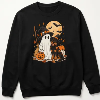 Cute cartoon Rottweiler ghost with a witch hat in black, orange, and white. — printed on a unisex sweatshirt