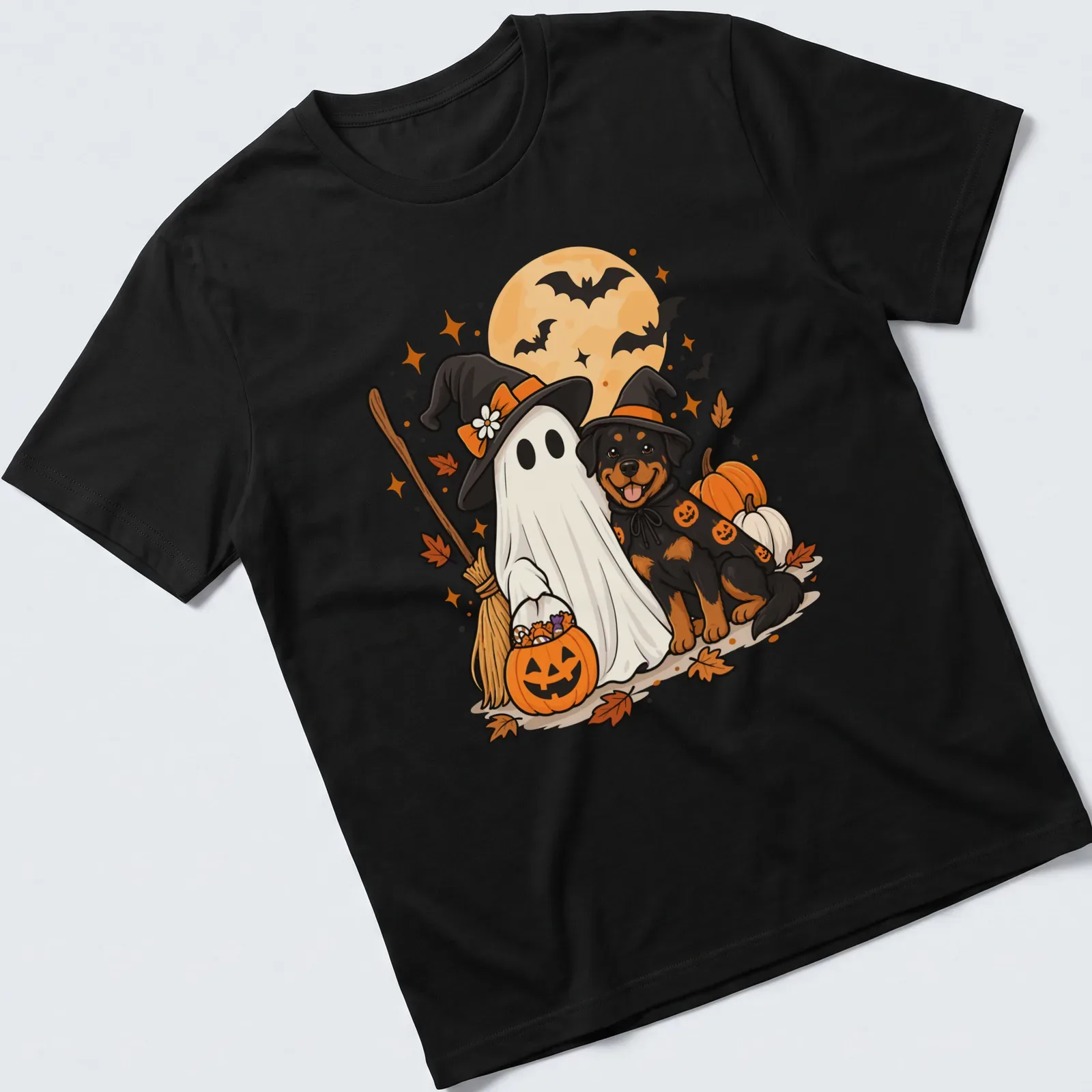 Cute cartoon Rottweiler ghost with a witch hat in black, orange, and white. — printed on a unisex t-shirt