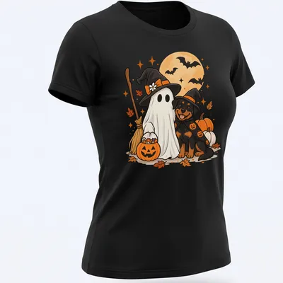 Cute cartoon Rottweiler ghost with a witch hat in black, orange, and white. — printed on a women's shirt