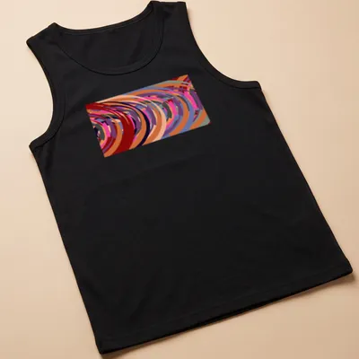 Colorful abstract swirls design with the text 'Round & Round' in modern font. — printed on a tank top