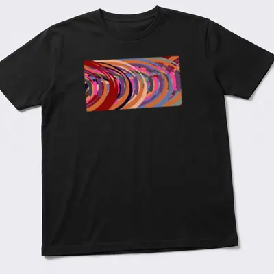 Colorful abstract swirls design with the text 'Round & Round' in modern font. — printed on a unisex t-shirt