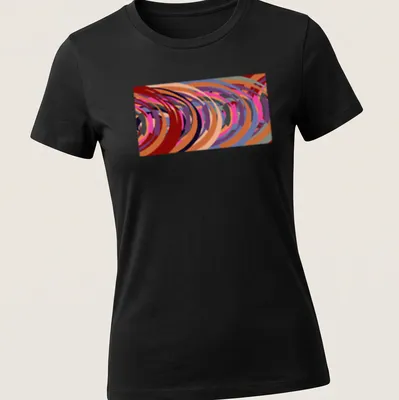 Colorful abstract swirls design with the text 'Round & Round' in modern font. — printed on a women's shirt