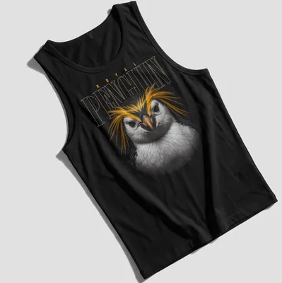 Detailed illustration of a Royal Penguin's face with colorful feathers — printed on a tank top