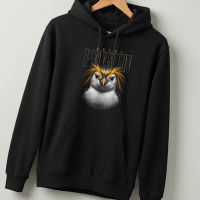 Detailed illustration of a Royal Penguin's face with colorful feathers — printed on a unisex hoodie