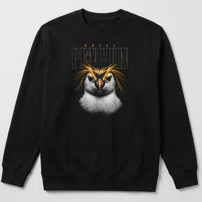 Detailed illustration of a Royal Penguin's face with colorful feathers — printed on a unisex sweatshirt