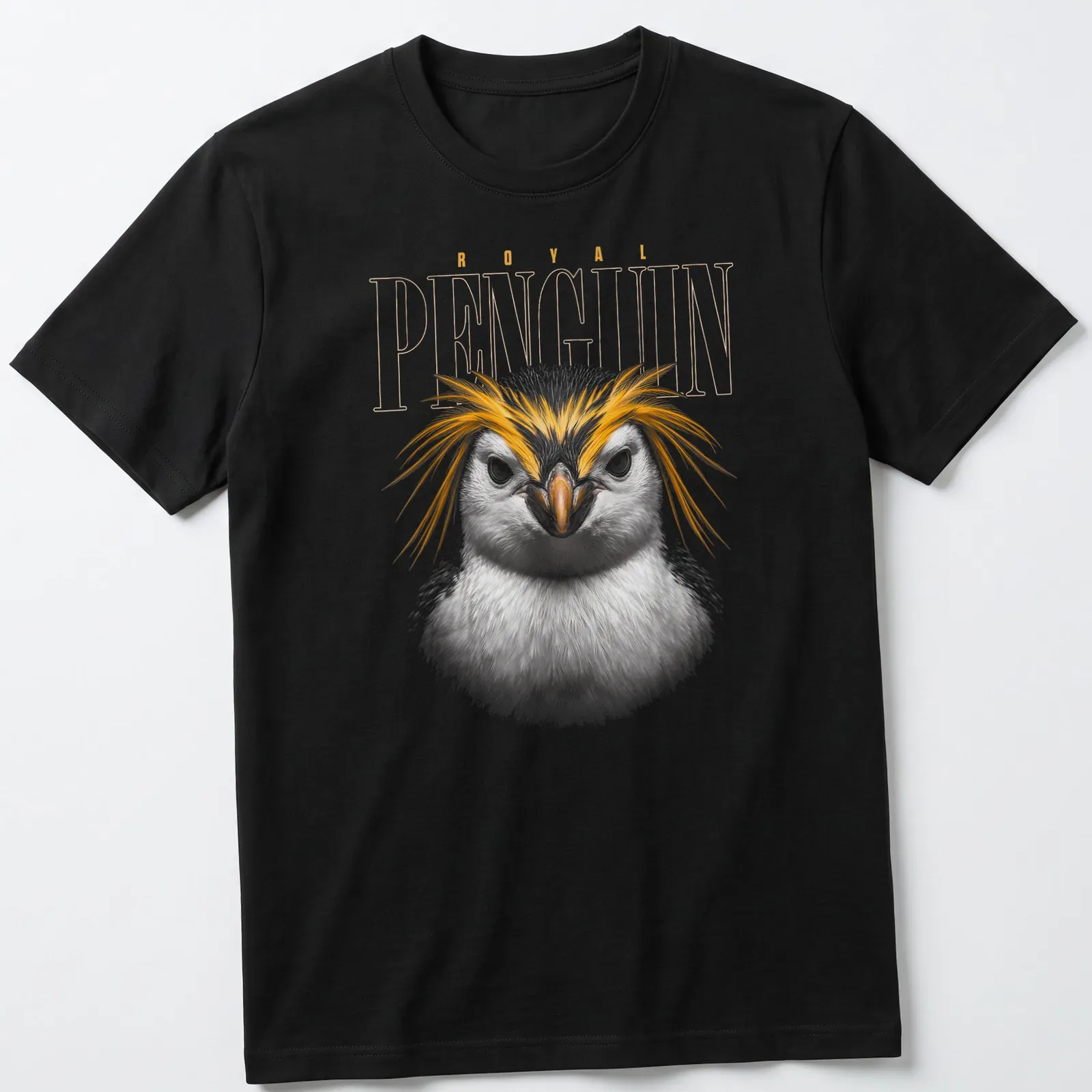 Detailed illustration of a Royal Penguin's face with colorful feathers — printed on a unisex t-shirt