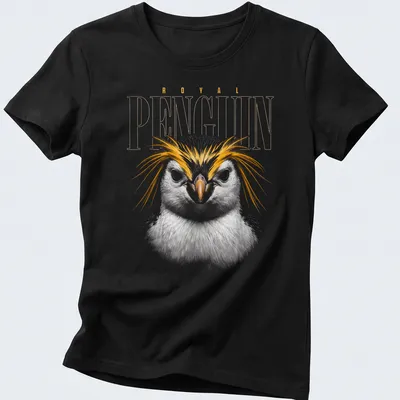 Detailed illustration of a Royal Penguin's face with colorful feathers — printed on a women's shirt