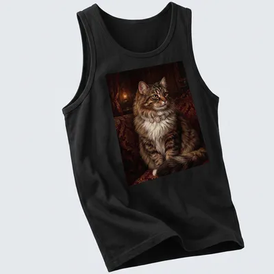 Realistic print of a royal tabby cat wearing a pearl necklace in brown, cream, and gold. — printed on a tank top