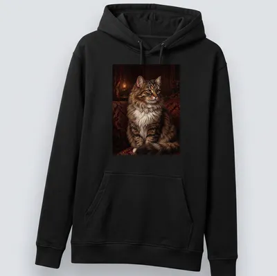 Realistic print of a royal tabby cat wearing a pearl necklace in brown, cream, and gold. — printed on a unisex hoodie