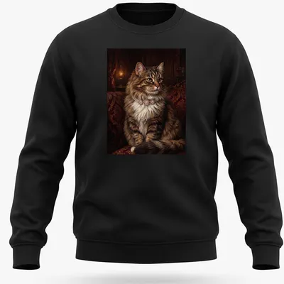 Realistic print of a royal tabby cat wearing a pearl necklace in brown, cream, and gold. — printed on a unisex sweatshirt