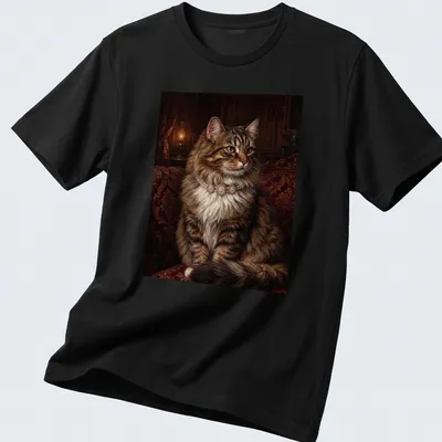 Realistic print of a royal tabby cat wearing a pearl necklace in brown, cream, and gold.