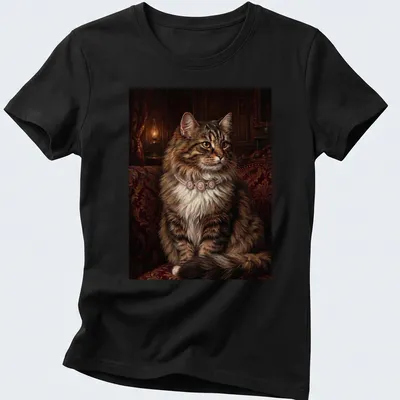Realistic print of a royal tabby cat wearing a pearl necklace in brown, cream, and gold. — printed on a women's shirt