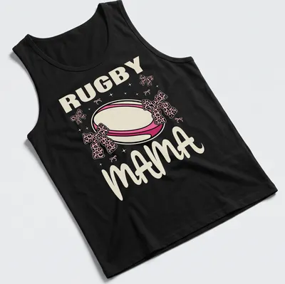 Cute Rugby Mama t-shirt with pink bows and playful rugby ball design — printed on a tank top