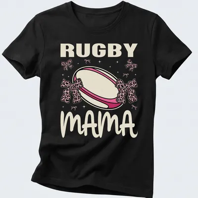 Cute Rugby Mama t-shirt with pink bows and playful rugby ball design — printed on a women's shirt