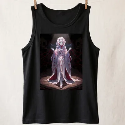 Anime-style illustration of Rui from Demon Slayer in red, black, and white — printed on a tank top