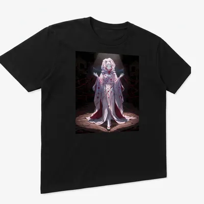 Anime-style illustration of Rui from Demon Slayer in red, black, and white — printed on a unisex t-shirt (angled view)