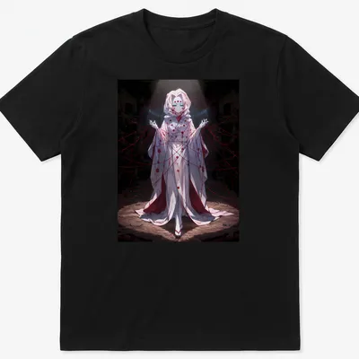 Anime-style illustration of Rui from Demon Slayer in red, black, and white — printed on a unisex t-shirt