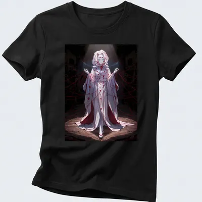 Anime-style illustration of Rui from Demon Slayer in red, black, and white — printed on a women's shirt