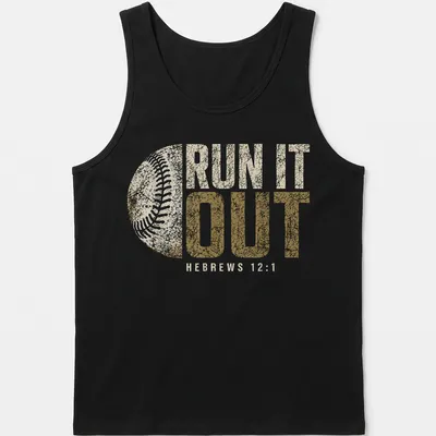 Distressed retro print of 'Run It Out Hebrews 12:1' with baseball theme in beige and gold — printed on a tank top