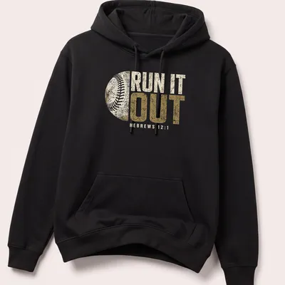 Distressed retro print of 'Run It Out Hebrews 12:1' with baseball theme in beige and gold — printed on a unisex hoodie