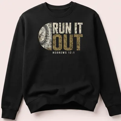 Distressed retro print of 'Run It Out Hebrews 12:1' with baseball theme in beige and gold — printed on a unisex sweatshirt