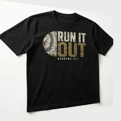 Distressed retro print of 'Run It Out Hebrews 12:1' with baseball theme in beige and gold — printed on a unisex t-shirt (angled view)