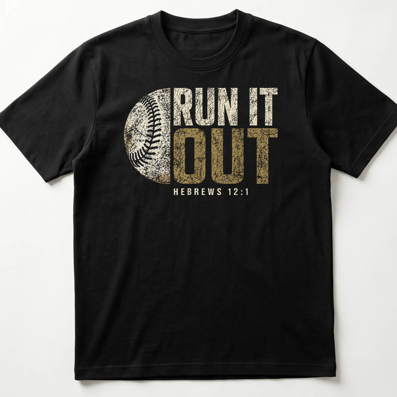 Distressed retro print of 'Run It Out Hebrews 12:1' with baseball theme in beige and gold — printed on a unisex t-shirt