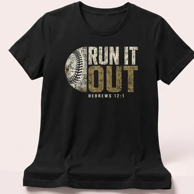 Distressed retro print of 'Run It Out Hebrews 12:1' with baseball theme in beige and gold — printed on a women's shirt