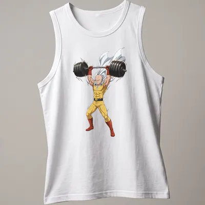 Anime-style graphic of Saitama lifting weights with a deadpan expression — printed on a tank top